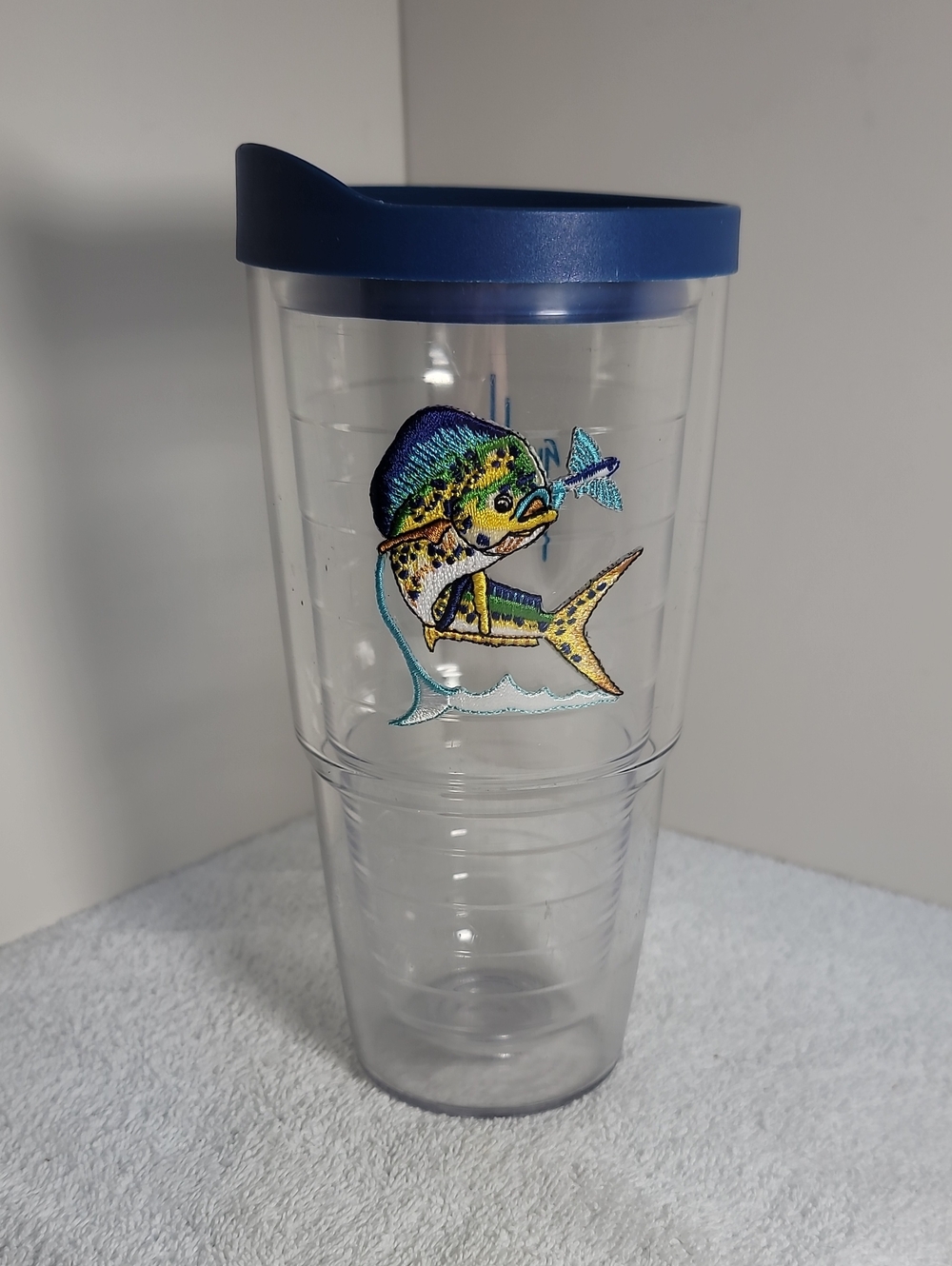 Guy Harvey Tervis Blue-Trim Clear Fish Tumbler with Mahi Embroidery 24oz EUC